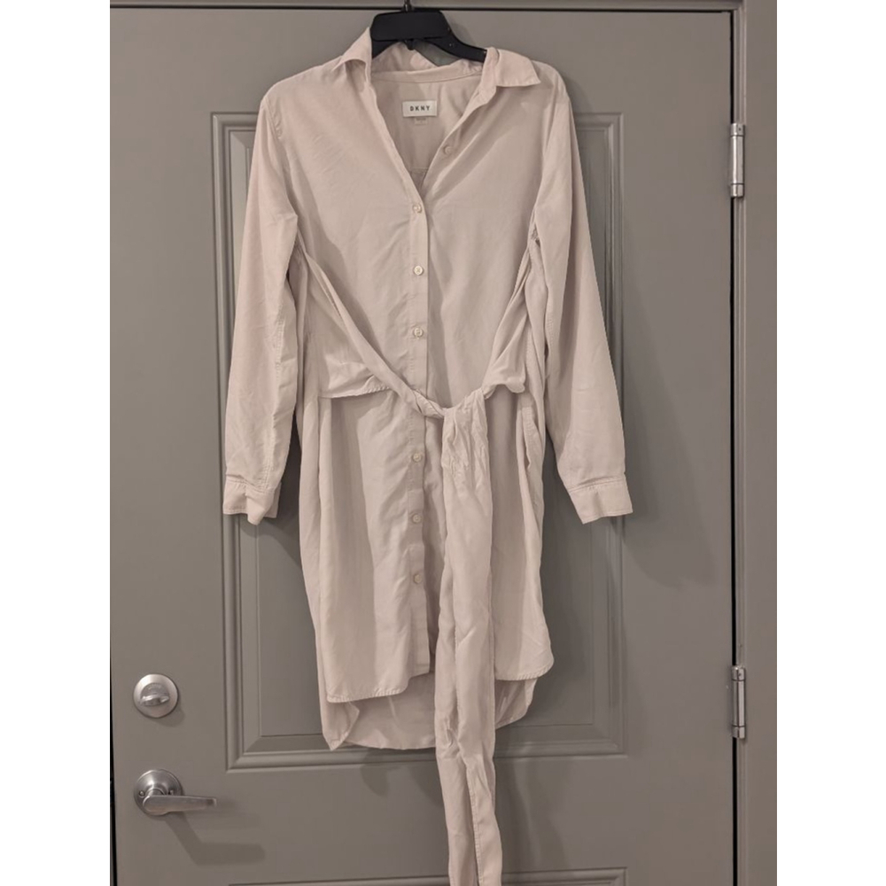 Women's DKNY Beige Long Sleeve Shirt Dress with Tie Waist, Size 4 - Picture 2 of 7